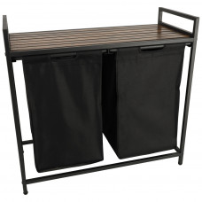 Two compartment laundry basket with wooden table top shelf rustic LOFT black