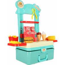 Bērnu virtuves čemodānā, komplekts ātrās ēdināšanas hamburgeriem, saldējumam, kartupeļiem, 55cm