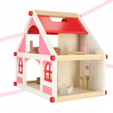 Wooden dollhouse, white and pink + 36cm furniture