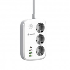 Tellur Smart WiFi Power Strip 3 kontaktligzdas, PD30W, QC18W, 2xUSB 2.4A 2500W 10A 2m