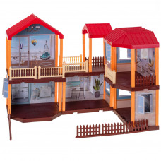 Doll house villa red roof lighting + furniture and dolls