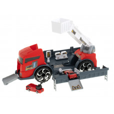 Transporter truck TIR 2in1 parking garage fire department + 3 cars red