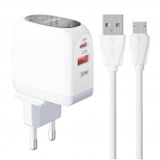 Ldnio Wall charger  LDNIO A2522C USB, USB-C 30W + MicroUSB cable