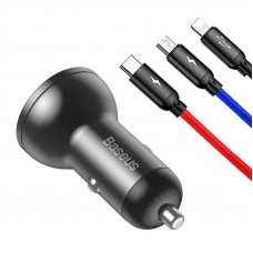 Baseus Digital Display Dual USB 4.8A Car Charger 24W with Three Primary Colors 3-in-1 Cable USB 1.2M Black Suit Grey