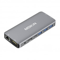 Mokin 10 in 1 Adapter Hub USB-C to 3x USB 3.0 + USB-C charging + HDMI + 3.5mm audio + VGA + 2x RJ45 + Micro SD Reader (silver)