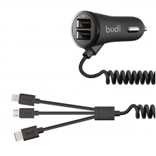 Budi Car charger 2x USB Budi 068T3, 3.4A + cabel 3in1 USB do USB-C / Lightning / Micro USB (black)