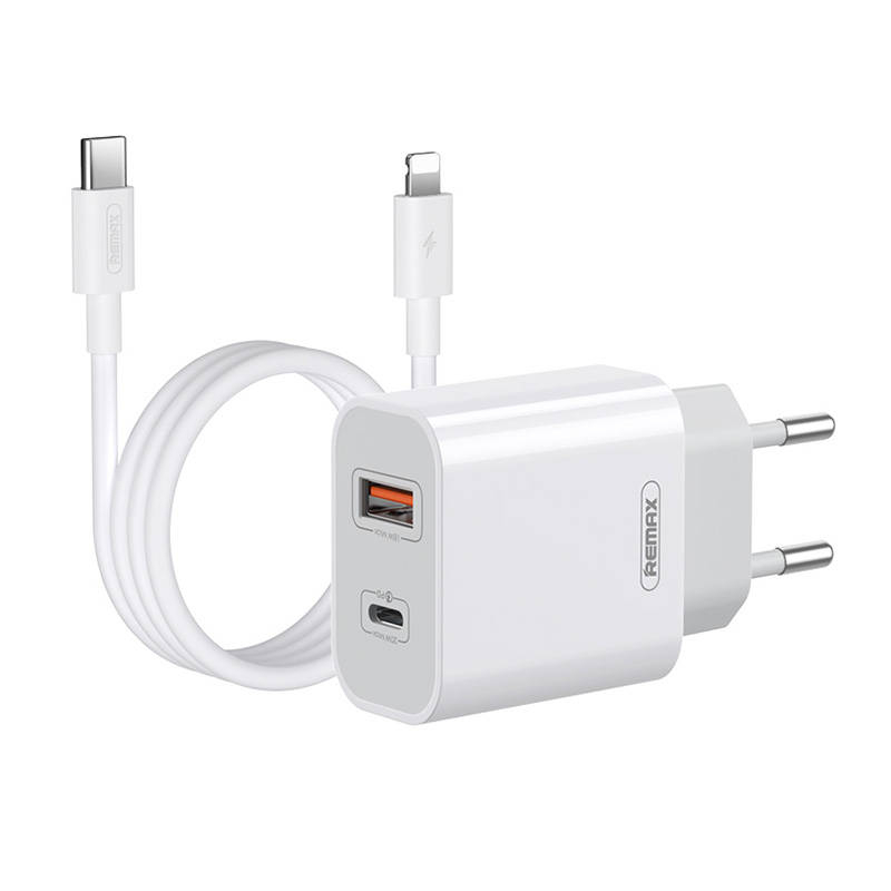 Remax Wall charger Remax, RP-U68, USB-C, USB, 20W (white) + Lightning cable
