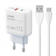 Ldnio Wall charger  LDNIO A2421C USB, USB-C 22.5W + MicroUSB cable