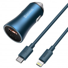 Baseus Golden Contactor Pro auto lādētājs, USB + USB-C, QC4.0+, PD, SCP, 40W (zils) + USB-C - zibens kabelis 1m (zils)