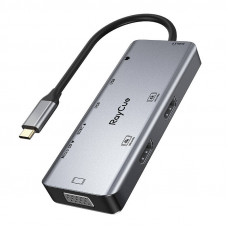 Raycue Hub 9in1 RayCue USB-C līdz 2x USB-A 3.0 5Gbps + 2x SD/TF 3.0 + 2x HDMI 4K30Hz + VGA 1080p + ligzda 3.5mm + PD 3.0 100W (pelēks)