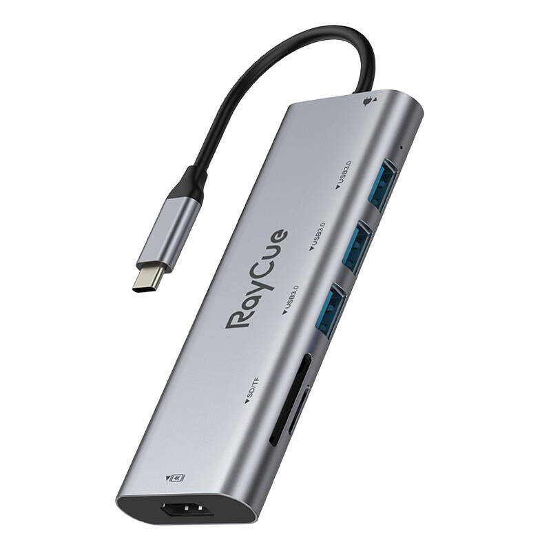 Raycue Hub 7in1 RayCue USB-C līdz 3x USB-A 3.0 5Gbps + SD/TF 3.0 + HDMI 4K30Hz + PD 3.0 100W (pelēks)