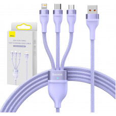 3in1 USB kabelis Baseus Flash II sērija, USB-C + mikro USB + Lightning, 66 W, 1,2 m (violeta)