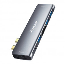 RayCue 7in2 centrmezgls 2x USB-C uz Thunderbolt 3 + 3x USB-A 3.0 5Gbps + SD/TF 3.0 + HDMI 4K60Hz (pelēks)