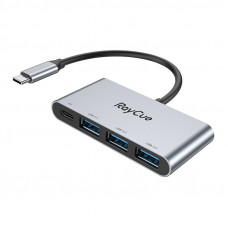 Raycue četri vienā centrmezgls USB-C līdz 3x USB-A 3.0 5Gbps + PD 3.0 100W (pelēks)
